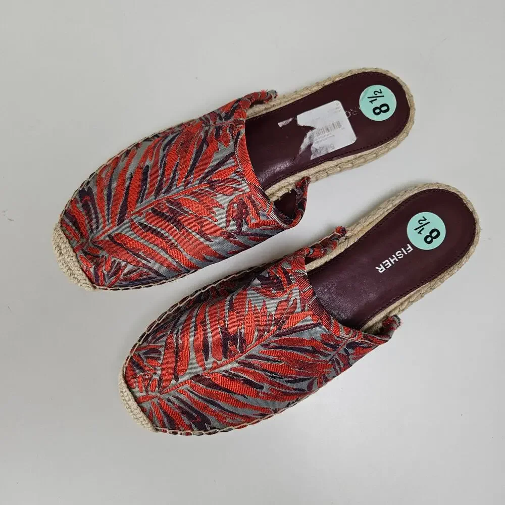 Marc Fisher Gift Espadrille Mules 8.5 Orange Grey Jacquard‎ Palm Leaves Slip On
